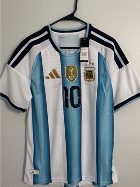 adidas White and Light Blue Lionel Messi Argentina #10 Jersey